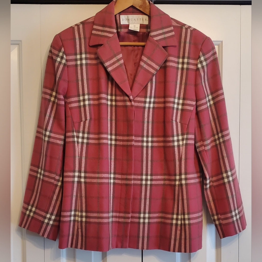 Womens Vintage Doncaster Pink Plaid 100% Wool Blazer Jacket Made In Italy Sz 16